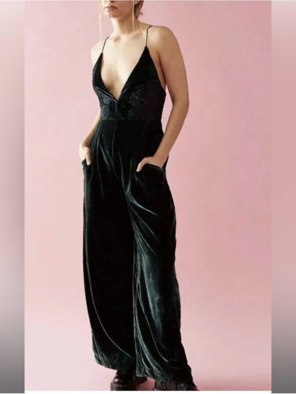 Free People Dark Green Velvet Lace Jumpsuit